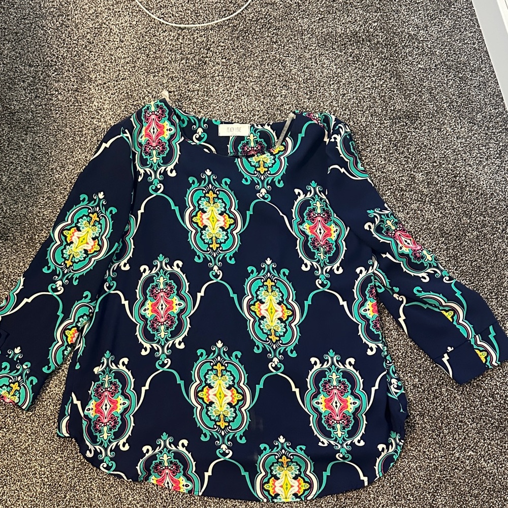 Peach Love California Navy and Teal Patterned Blouse